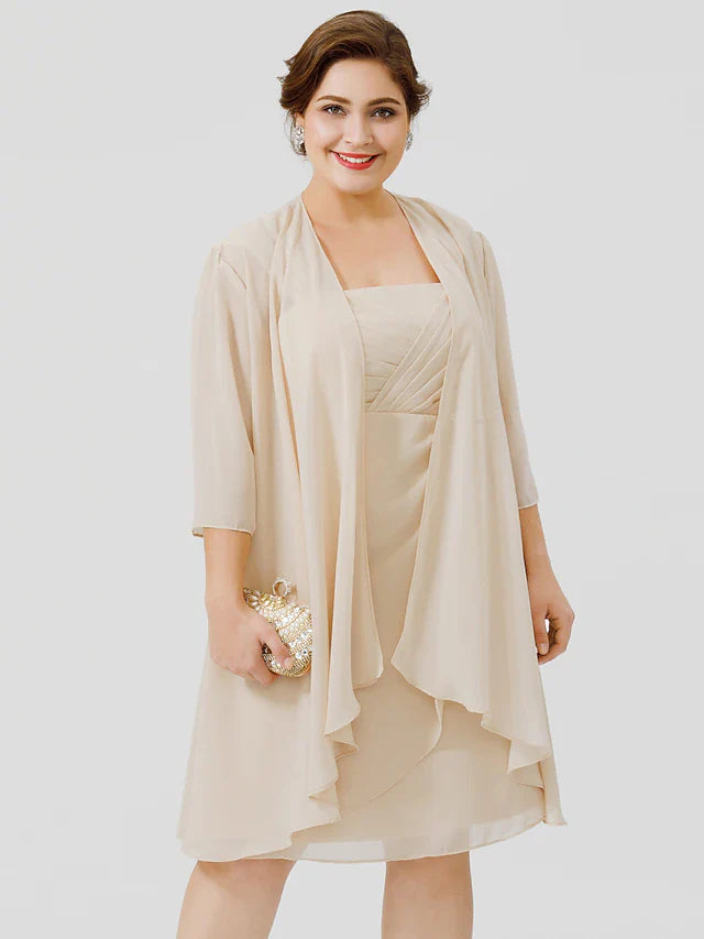 Wholesale Sheath / Column Mother of the Bride Dress Plus Size Elegant Straps Knee Length Chiffon Sheer Lace Sleeveless yes with Criss Cross